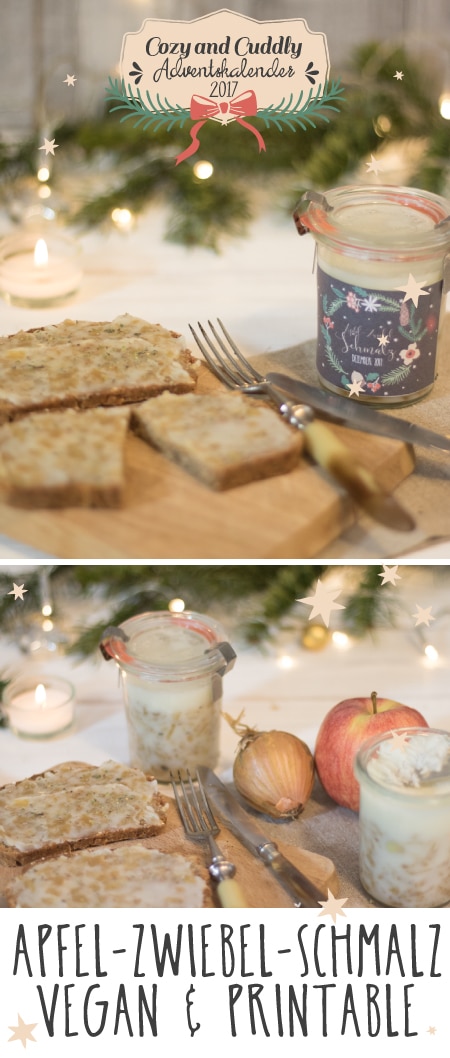 Advent: Rezept für veganes Apfel-Zwiebel-Schmalz mit Etiketten zum Verschenken -Adventskalender Türchen Nr. 6 - cozy and cuddly Adventskalender